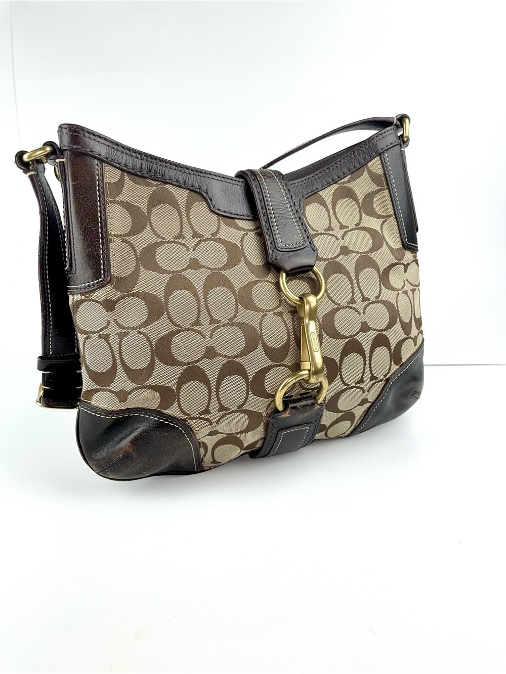 Coach Hampton Signature Hobo Bag Khaki Canvas Brown Leather Trim Brass Hardware